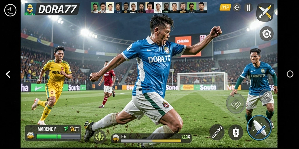 Screenshot gameplay DORA77 menunjukkan pertandingan seru antara dua tim olahraga.