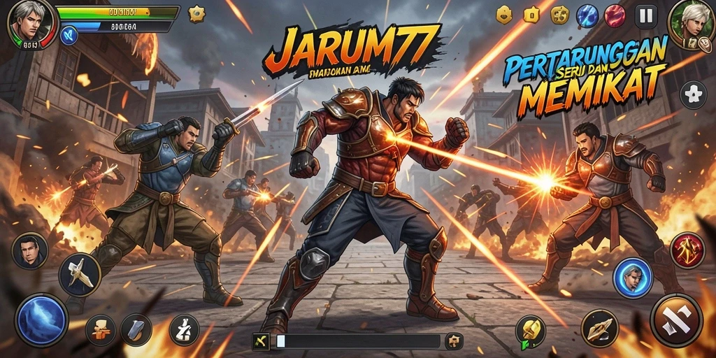 Tangkapan layar menunjukkan pertarungan seru dalam JARUM77 dengan karakter dan efek visual yang menakjubkan.