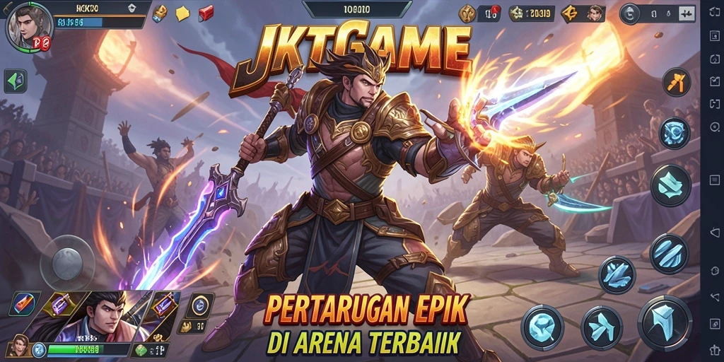 Tampilan gameplay JKTGAME dengan karakter bertarung di arena yang menegangkan.