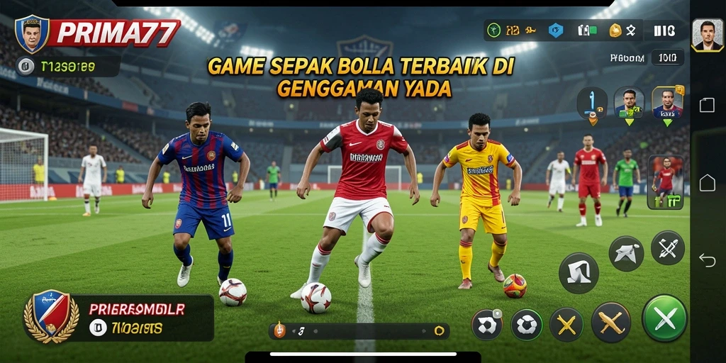 Tangkapan layar gameplay PRIMA77 yang menampilkan aksi sepak bola yang seru.